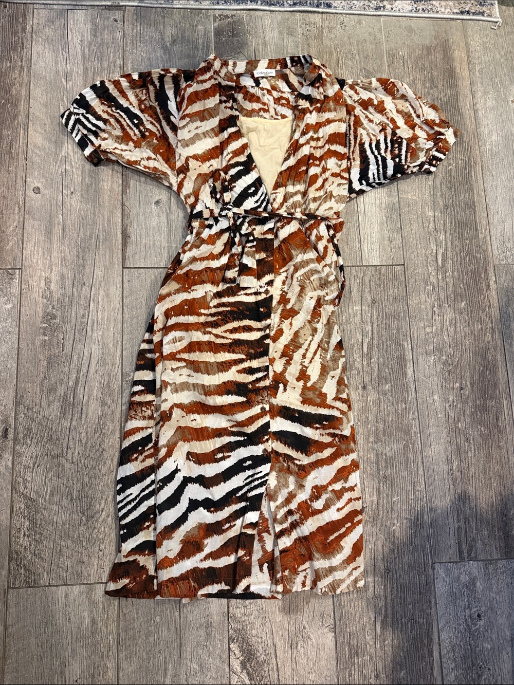 Calvin Klein Brown, Black & Cream Zebra-Print Wrap Midi Dress